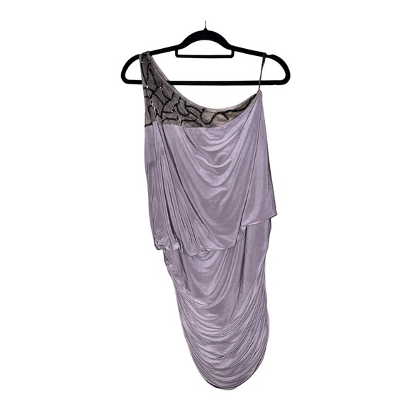 One Shoulder Dress Sz 12 Party Cocktail Ruched Taupe Metallic Beaded - Picture 1 of 8
